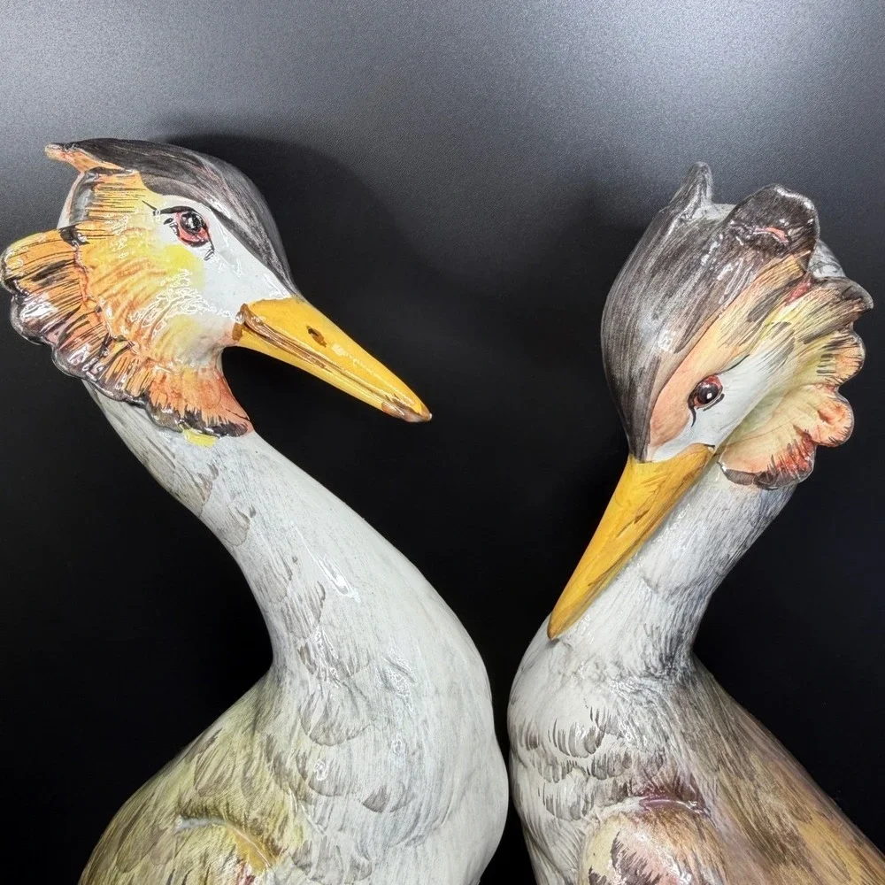 Italian Grebe Water Bird Figurines Set Majolica Stork Crane Hand Painted Italy